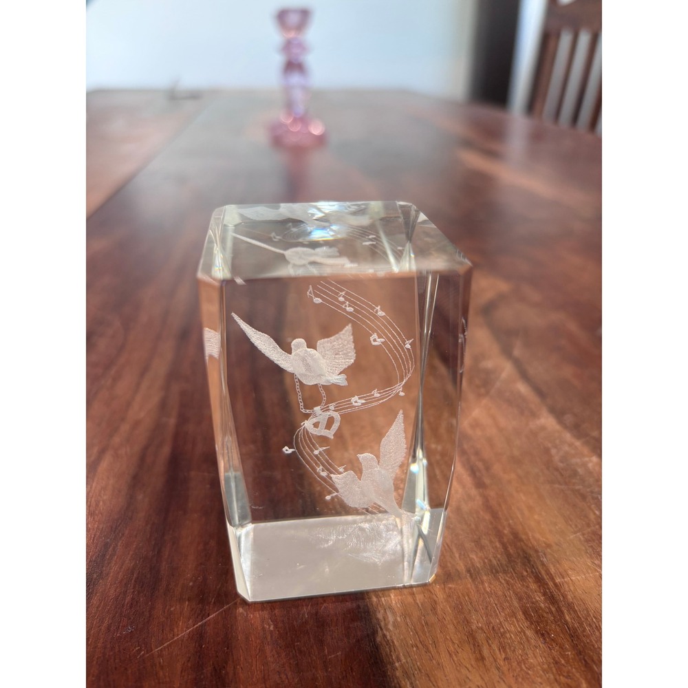Crystal paperweight clear 3D laser etched doves music notes 3"x2"x2"